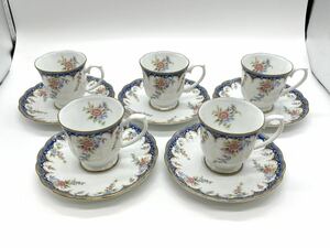 保管品 【 HOYA CHINA White Shadow JAPAN カップ ソーサー 5客 】 ホヤ ホワイトシャドウ 食器 洋食器 コップ 花柄 花 セット 皿 茶器 器