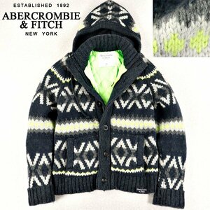 美品 国内正規品 ABERCROMBIE＆FITCH アバクロ 肉厚 カウチン ニットパーカ ネイティブ柄 紺 ネイビー XL カーディガン ブルゾン