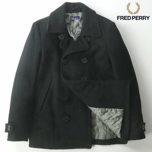 相場価格￥41,500- 極美品 FRED PERRY フレッドペリー F2281 羊革レザー使用 メルトンウール Pコート ブラック 黒 L 中綿入り ピーコート