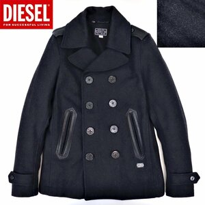 相場価格￥58,000- 国内正規品 極美品 DIESEL ディーゼル 羊革 部分レザー メルトンウール ピーコート Pコート 紺 ネイビー M メンズ