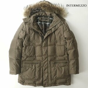 美品 レナウン INTERMEZZO インターメッツォ ラクーンファー付き 軽量 ダウンジャケット 茶 L パーカ メンズ【参考価格￥58,000-】