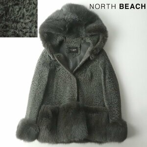 ★最高級！極美品 NORTH BEACH ノースビーチ フォックスファー付き 羊革 スワカララム ムートンコート グレー M 巻き毛 毛皮 カラクール