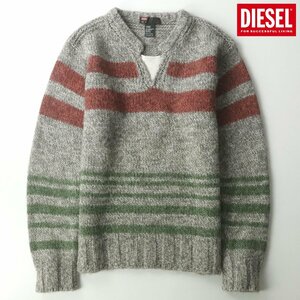 美品 DIESEL ディーゼル アルパカ混ウール スキッパー ニットセーター グレー ボーダー柄 M プルオーバー ローゲージ メンズ