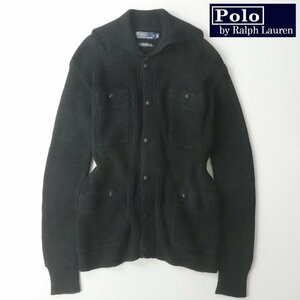 美品 POLO BY RALPH LAUREN ポロバイラルフローレン リネン混 ニットカーディガン 黒 ブラック M ミリタリー セーター