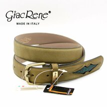 定価￥10,800- 新品 イタリア製 Giac Rene COLLECTION ネイティブ ヴィンテージ 牛革 レザーベルト ペイズリー柄 カーキ 100(JP:XXL)_画像1