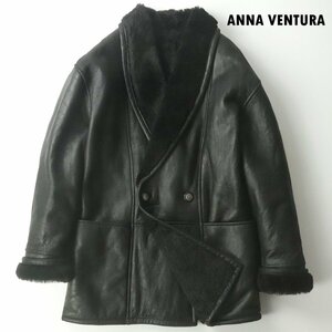 【最高級！シャーリング！】美品 ANNA VENTURA 羊革 スパニッシュラム ショールカラー ムートンコート 黒 F JP:L【参考価格￥143,000-】