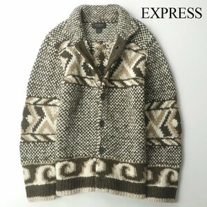 【ハンドメイド】美品 EXPRESS エクスプレス ハイネック 肉厚ニット カーディガン ブラウン S(JP:M) 総柄 セーター カウチン メンズ-