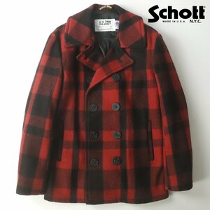 美品 USA アメリカ製 Schott ショット 7122 753UP 24oz ヘビーメルトン Pコート バッファローチェック 38 JP:M【相場価格￥37,400-】