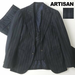 【コムサ最上位！】美品 ARTISAN アルチザン FOX FLANNEL 秋冬 3ピース フランネル シングルスーツ 紺 S ベスト【参考価格￥198,000-】