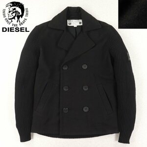 相場価格￥41,800- 美品 DIESEL ディーゼル ニット切替 ｘ メルトンウール Pコート 黒 ブラック L ピーコート リブ編み ジャケット