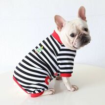 レッド/FB-Mサイズ◆【フレブル用サイズ】【残り数枚】犬服 ロンパース つなぎ 部屋着 抜け毛対策 新品 ボーダー柄 新作 カバーオール_画像9