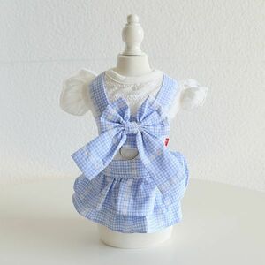 アクアSサイズ◆【残り数枚】犬服 ワンピース 新作 チェック柄 ティアード 新品 りぼん ペット ペット用品 ドッグウェア Dカン付き