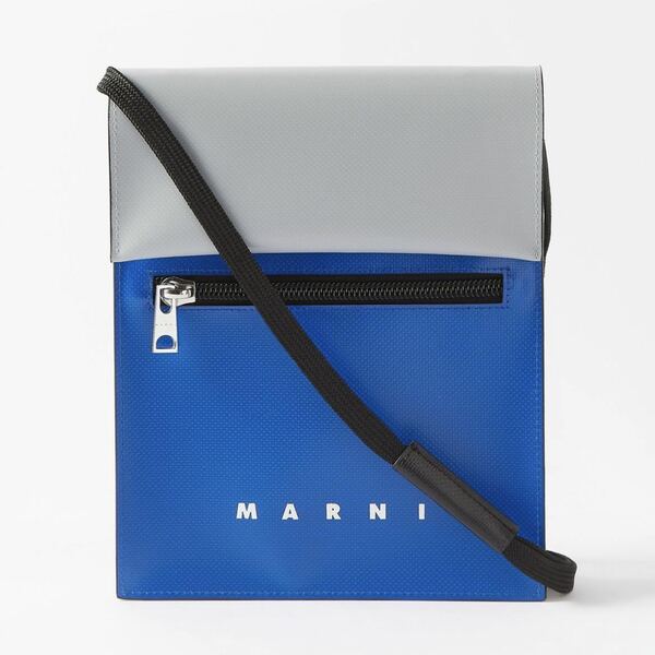新品 MARNI マルニ ショルダーバッグ TRIBECA PVC フォンケース ポシェット ロゴ バイカラー ブルー×グレー