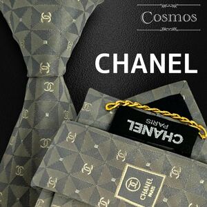 1円 極美品 CHANEL シャネル ネクタイ ココマーク ロゴ チェーン付き 総柄 ほぼ未使用 シルク 紳士服 スーツ メンズ 高級 ブランド