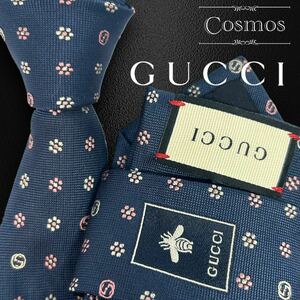 1円 極美品 GUCCI グッチ 現行 ネクタイ 花柄 GG柄 インターロッキング 刺繍 蜂 ハチ bee 濃紺色 ネイビー 青系 ブルー 紳士服 メンズ