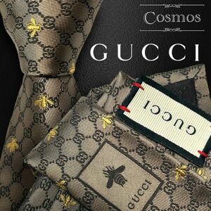 1円 極美品 GUCCI グッチ 現行 ネクタイ GG柄 シマ 蜂 ハチ bee ゴールド 金色 茶色 ブラウン シルク 紳士服 スーツ メンズ 高級 ブランド