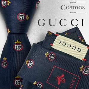 1円 極美品 GUCCI グッチ 現行 ネクタイ GG柄 マーモント 王冠 蜂 ハチ bee 濃紺色 ネイビー 青系 紳士服 スーツ メンズ 高級 ブランド