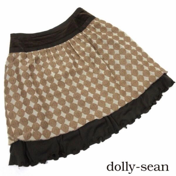 DOLLY SEAN（ドリーシーン★2層フリルスカート Mサイズ★ベージュ×ブラウン ドット柄★レディース スカート ミニ丈★中古