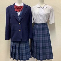 I322/Y(中古)山形県 山形市立 第五中学校 女子制服7点 /L/160/W66/丈60/ブレザー/ベスト/スカート/リボン/青紺/チェック/夏冬/制服/学生服_画像1