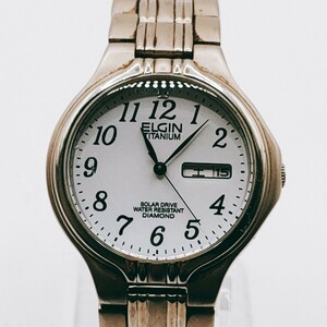 【動作品】ELGIN エルジン DIAMOND ダイヤ FK-1223-C ソーラー アナログ 3針 白文字盤 シルバー基調 メンズ腕時計 時計 とけい トケイ