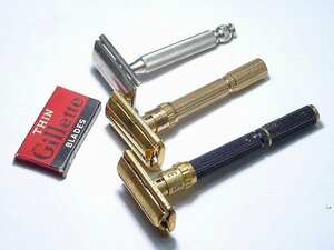 ▲602774*12▲Gillette/ジレット・T字剃刀/かみそり・3点セット・刃/ブレイド付・ヴィンテージ・西洋剃刀両刃アンティーク古い