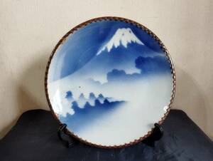 骨董品　富士山　絵　飾り皿　プレート　大皿　インテリア　吹きいげ皿　染付