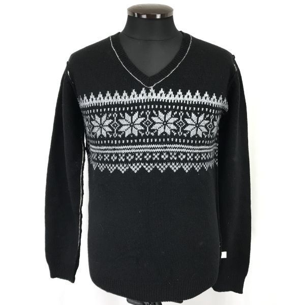 タグ付き新古品★丸井/オンボード/On board★ウール100%/Vネック/長袖セーター【メンズM/黒/black】ノルディック柄/sweater◆BH405