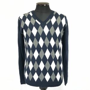 ミツミネ/MITSUMINE★Vネック/長袖セーター【メンズL/紺×白/navy blue×white】アーガイル/sweater◆BH467