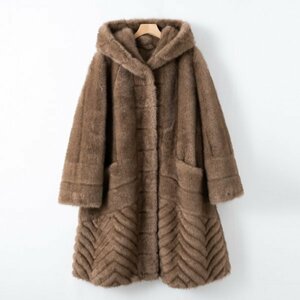 新品暖かいレディースミンクコートゆったりフード毛皮ジャケットチョコXL