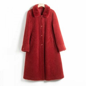 新品暖かいレディース100％ウールコート毛皮ジャケットミンクファー赤ーM