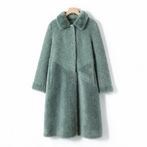 新品暖かいレディースウールコート毛皮ジャケットミンクファーグリーンL