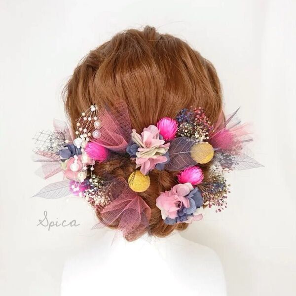 プリザ紫陽花とチュールのヘッドドレス 成人式 卒業式 ピンク ウエディング 可愛い 髪飾り 和装 黄色 ネイビー ドライフラワー