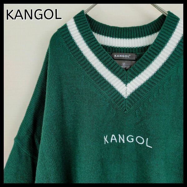 【ビッグサイズ】KANGOL カンゴール☆センター刺繍ロゴ付ニット／セーター　フリーサイズ（XL-3L相当）　Green 緑　美品