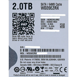 【中古】Western Digital製HDD WD20EZRX 2TB SATA600 2000～3000時間以内 [管理:1050008772]