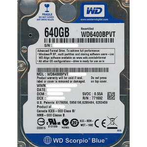 WesternDigital HDD 2.5inch WD6400BPVT 640GB 9.5mm [管理:20345982]