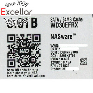 【中古】Western Digital製HDD WD30EFRX 3TB SATA600 33000～34000時間以内 [管理:1050022620]