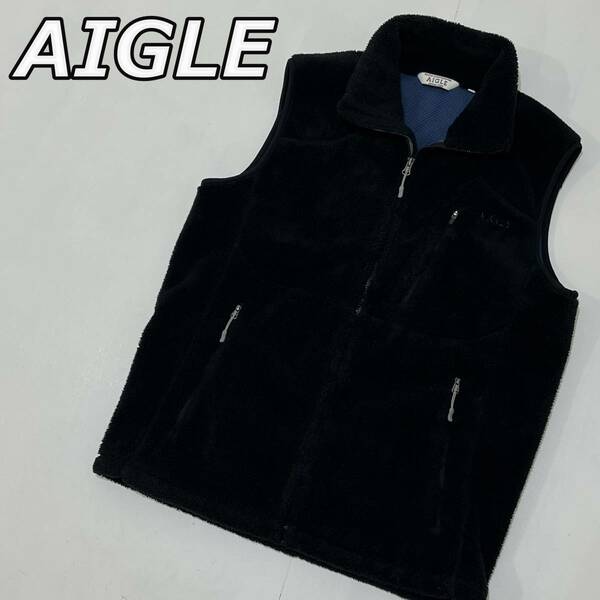 【AIGLE】エーグル ボア フリース ジップアップ ベスト スタンドカラー アウトドア レトロデザイン 黒 ブラック 8502-47223