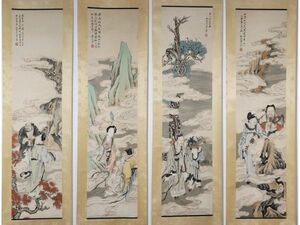 「黄山壽畫 八仙図四條屏」清代画家 肉筆紙本真作【仁】掛け軸 書画立軸 巻き物 中国書画 蔵出 畫芯約33.5×138cm