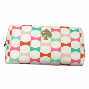 美品 定価1万7000円●kate spade ケイトスペード リボン コスメポーチ 化粧品入れ ミニバッグ 総柄 ロゴ刻印 レディース 正規品