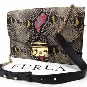 美品☆FURLA フルラ レザーショルダーバッグ パイソン型押し チェーンショルダー レディース 本革 1円スタート