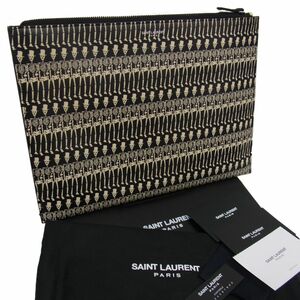 新品同様 ◇SAINT LAURENT PARIS ドキュメントケース クラッチ スカル 総柄 キャビアスキン サンローラン パリ 保存袋 箱付 イタリア製