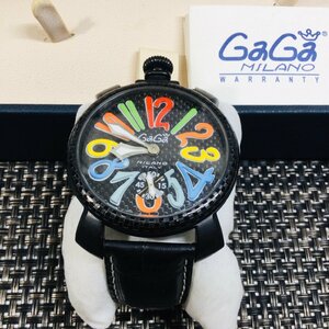 【中古稼働品/インボイス登録店/TO】箱付 良品 ガガミラノ マヌアーレ 48ｍｍ 手巻き スモセコ 裏スケ 黒文字盤 メンズ腕時計 IM0117/008