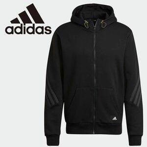 ★アディダス ADIDAS 新品 メンズ 裏起毛 3ライン フルジップ スウェット パーカー ジャケット 黒 Ｌサイズ[H21554-L] 二 弐★QWER