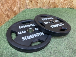 美品 HAMMER STRENGTH オリンピックバーベルプレート ウレタン素材 20Kg×2/穴系50mm 「1821」