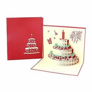 誕生日カード ケーキ 立体 バースデ ポップアップカード グリーティングカード 3D立体カード メッセージカード 誕生日 感謝 封筒付き (レッ