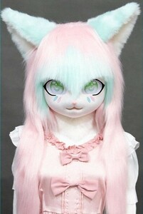 着ぐるみヘッド 猫 ピンクとライトブルー 全頭ヘッド ケモノ マスク ファースーツ ぬいぐるみ コスプレ コスチューム