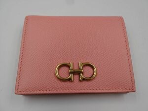 13835h Salvatore Ferragamo フェラガモ 22D780/00 ガンチーニ レザー 二つ折り 財布 ピンク W11×H9×D2cm