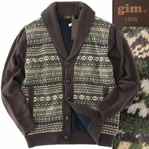 新品 1.6万 gim ジム 23AW 起毛裏地 フェアアイル ショール カーディガン M 茶 緑 【I50105】 秋冬 ウール ニット フリース ブルゾン