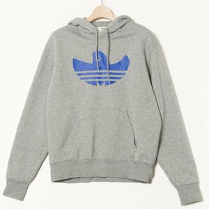 adidas アディダス 裏起毛 サイズL パーカー フーディ 前面プリント 灰色/グレー プルオーバー コットン混 古着 メンズ 秋冬 カジュアル