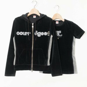 Courreges 21 クレージュ 21 アンサンブル ベロア ロゴ パーカー 半袖 トップス ラインストーン 刺繍 ラメ 38 綿 コットン ブラック 黒 Y2K